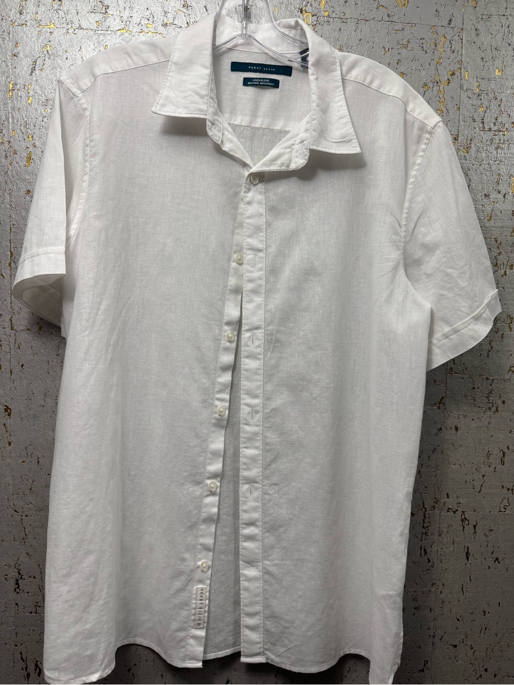 Perry Ellis Linen Blend White Short-Sleeve Button-Down Casual Shirt